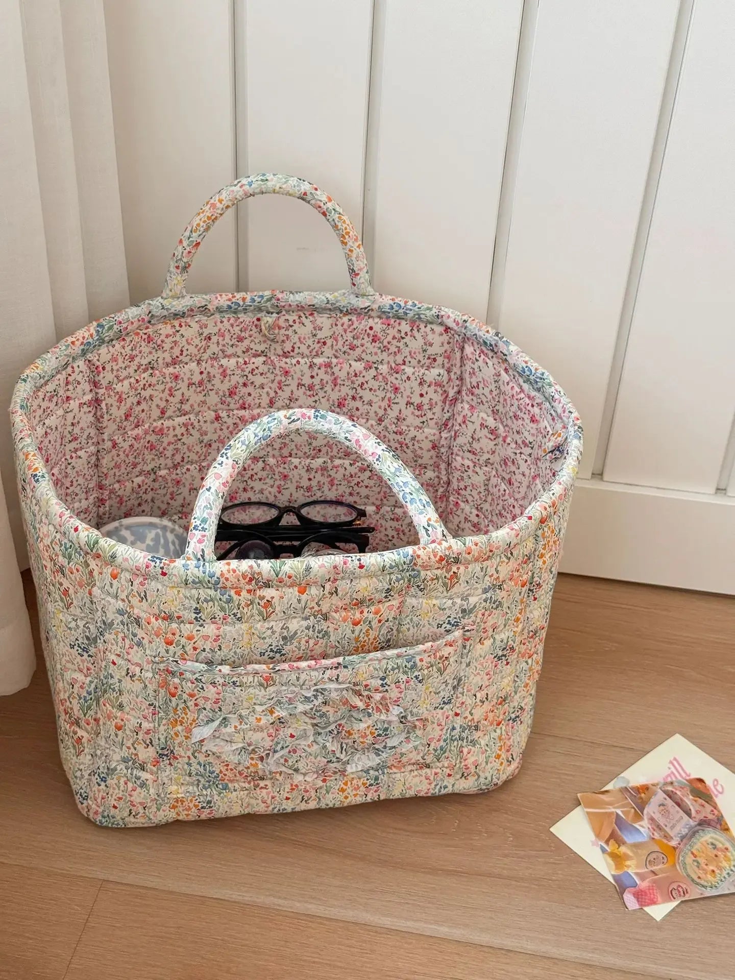 car Storage Basket, floral Fabric quilted basket for Clothes Toys & Blankets Car Trunk Organizer Backseat Storage Machine Washable  Large Capacity Woven Design room clutter  organization daily use item  summervibes 	 large capacity clothes