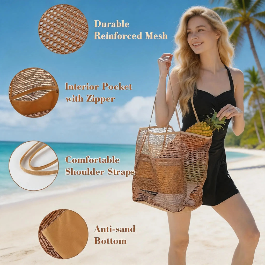 Large Capacity Beach Bag, 1 Count Outdoor Mesh Bag, Folding Mesh Shoulder Bag, Storage Bag for Home & Outdoor, Beach Tote