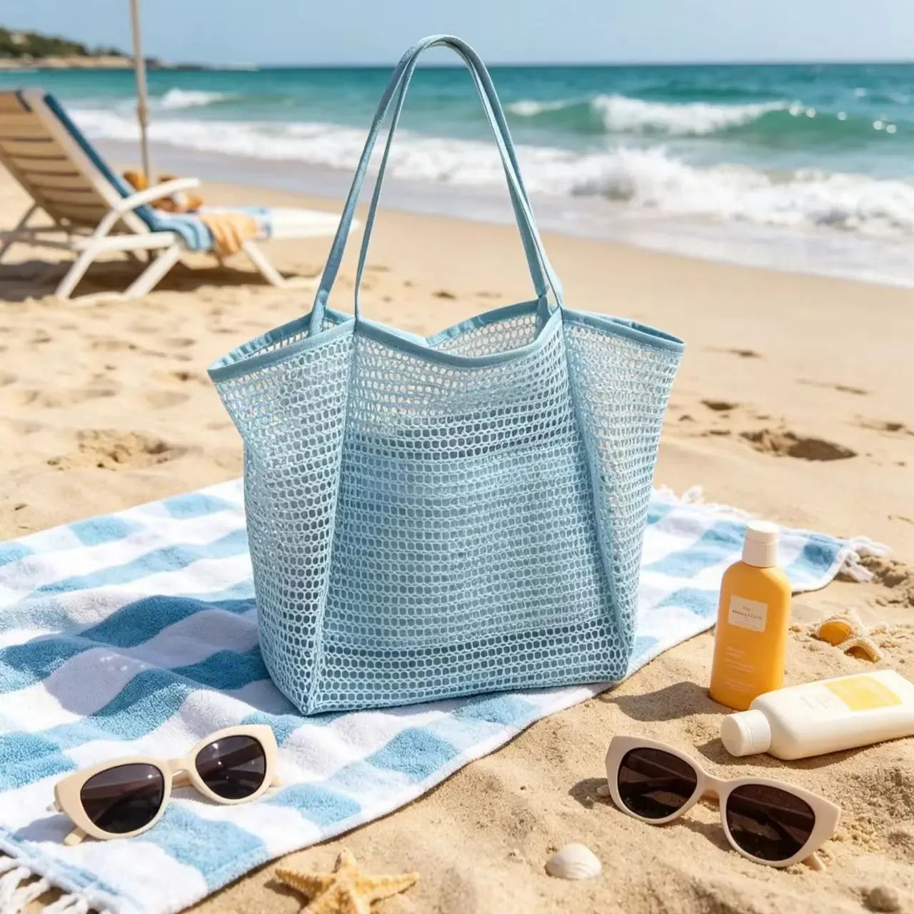 Large Capacity Beach Bag, 1 Count Outdoor Mesh Bag, Folding Mesh Shoulder Bag, Storage Bag for Home & Outdoor, Beach Tote