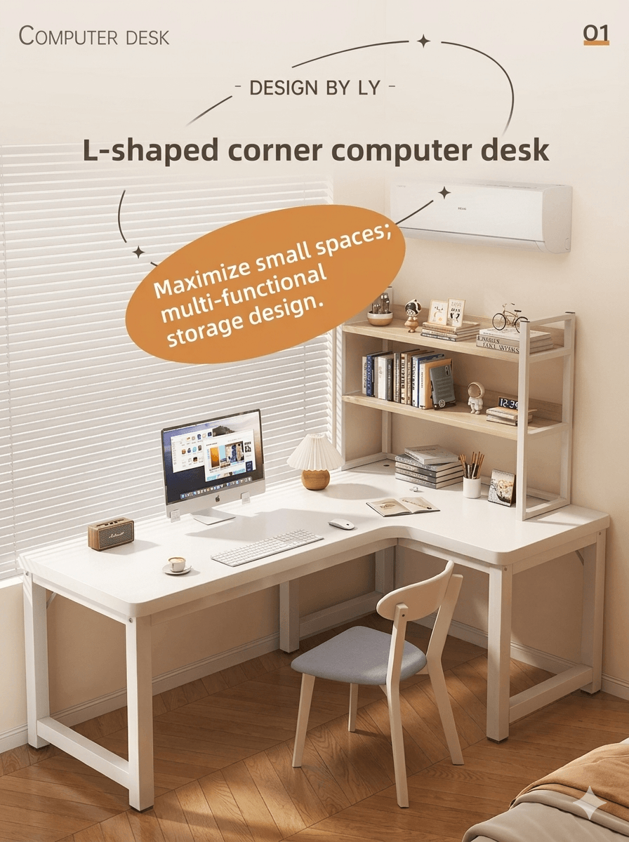 Heavy Duty L-Shaped Writing Desk: Industrial Metal Frame Corner Table, Durable Space-Saving Workstation for Small Spaces