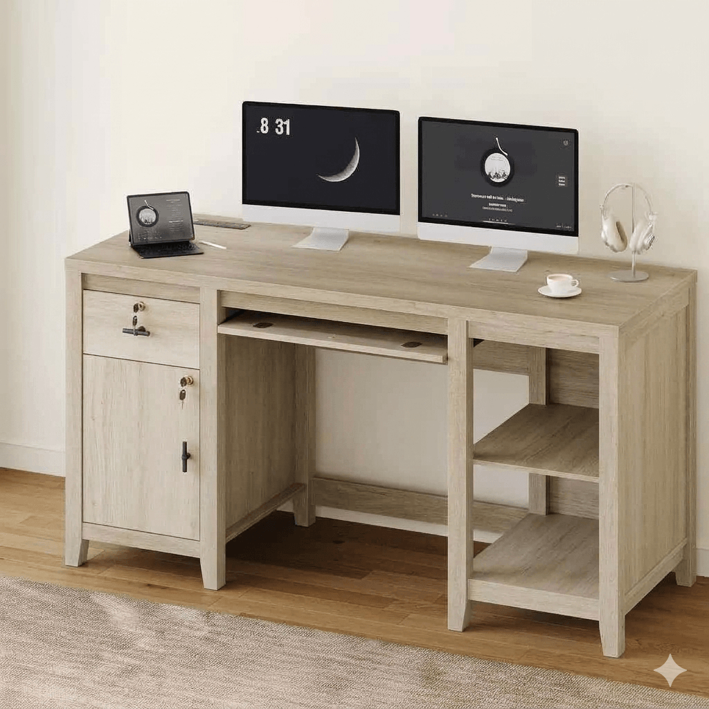 Organized Home Office Desk with Built-in Power Outlet: 58-Inch Wood Writing Table featuring Foldable Tray, Cabinet & File Storage