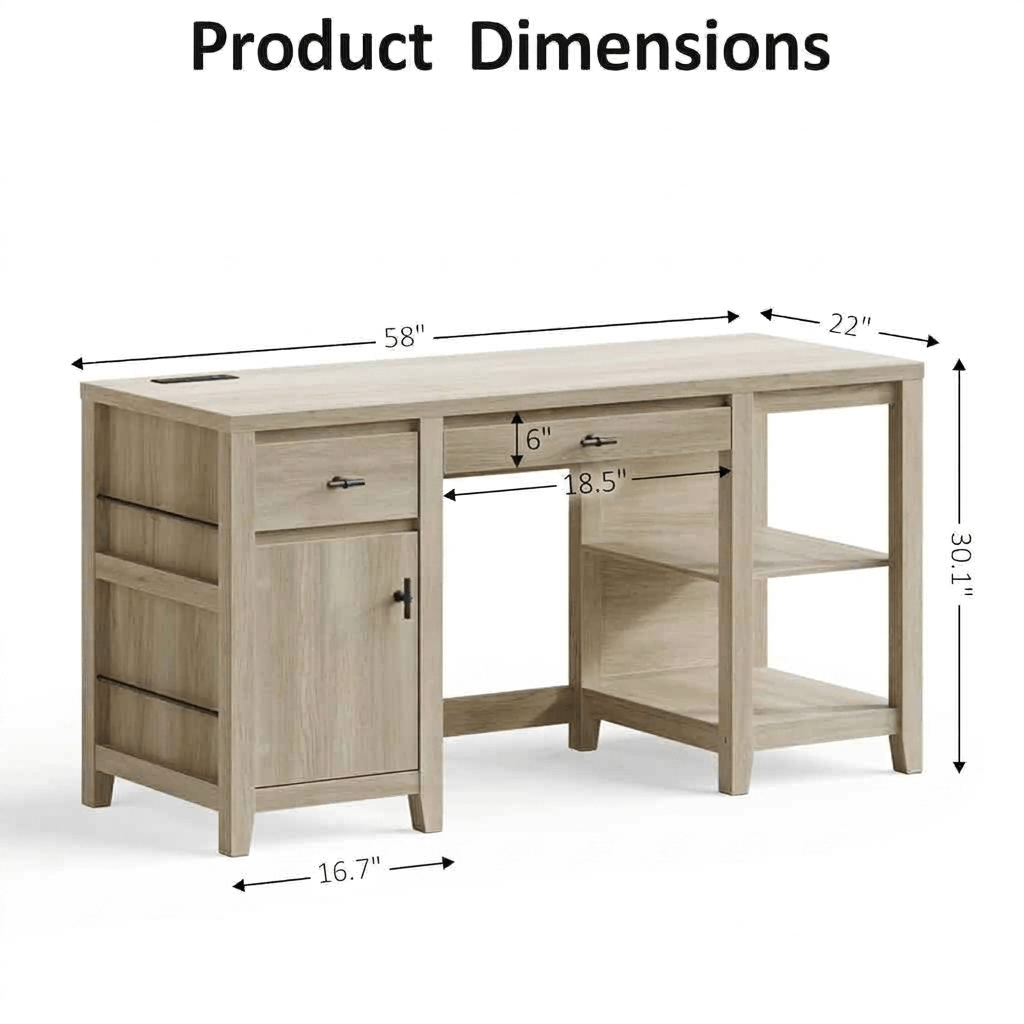 Organized Home Office Desk with Built-in Power Outlet: 58-Inch Wood Writing Table featuring Foldable Tray, Cabinet & File Storage