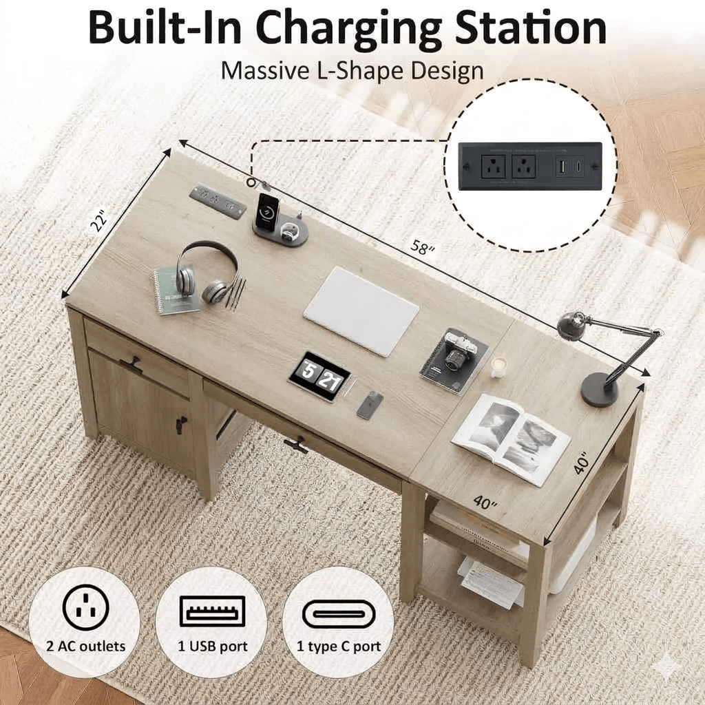 Organized Home Office Desk with Built-in Power Outlet: 58-Inch Wood Writing Table featuring Foldable Tray, Cabinet & File Storage