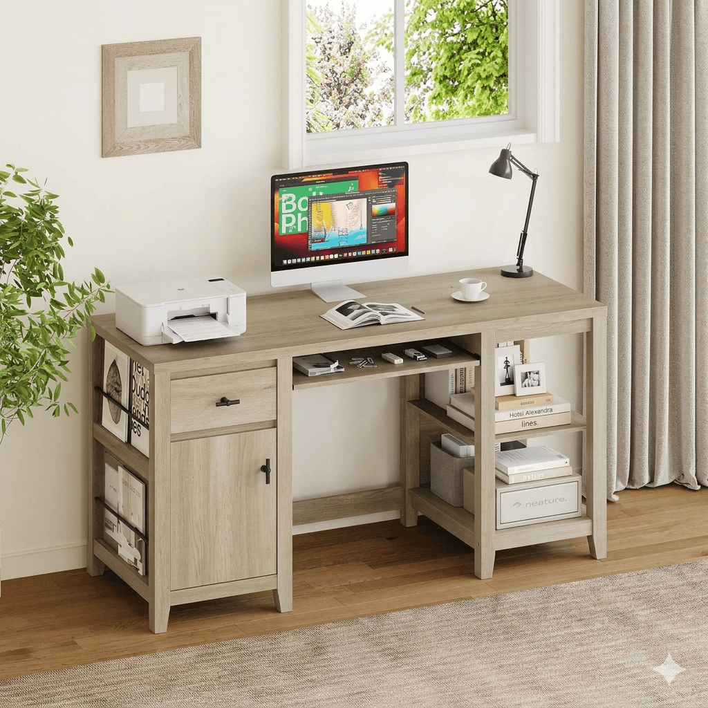 Organized Home Office Desk with Built-in Power Outlet: 58-Inch Wood Writing Table featuring Foldable Tray, Cabinet & File Storage