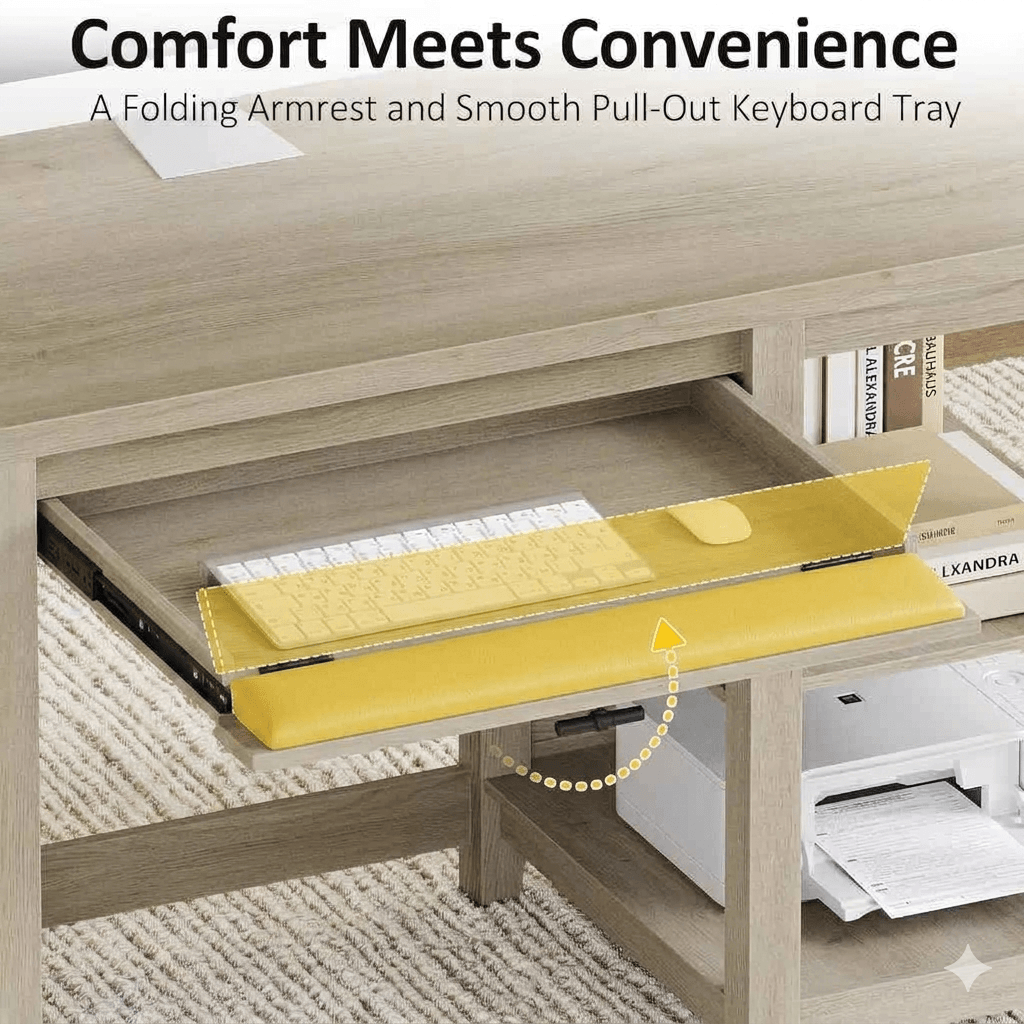 Organized Home Office Desk with Built-in Power Outlet: 58-Inch Wood Writing Table featuring Foldable Tray, Cabinet & File Storage