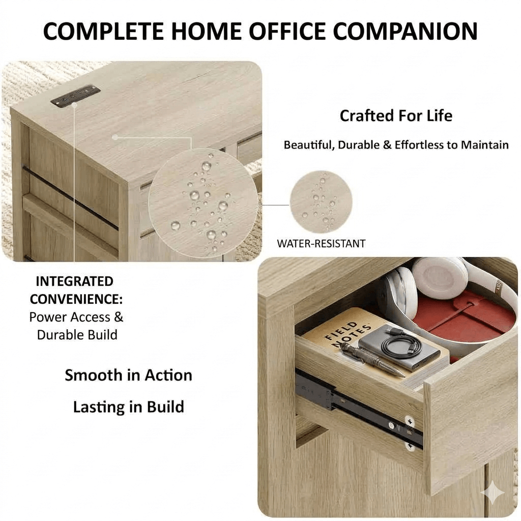 Organized Home Office Desk with Built-in Power Outlet: 58-Inch Wood Writing Table featuring Foldable Tray, Cabinet & File Storage
