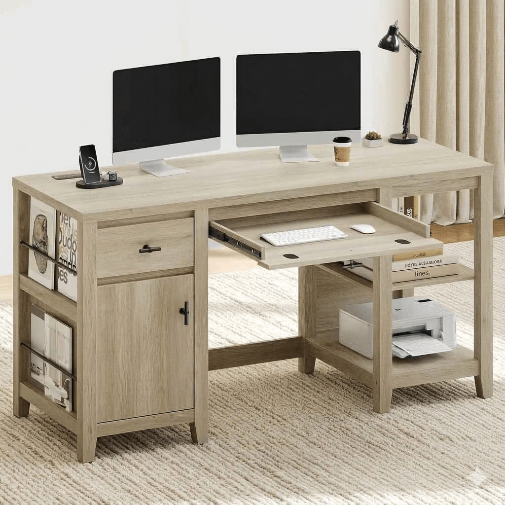 Organized Home Office Desk with Built-in Power Outlet: 58-Inch Wood Writing Table featuring Foldable Tray, Cabinet & File Storage