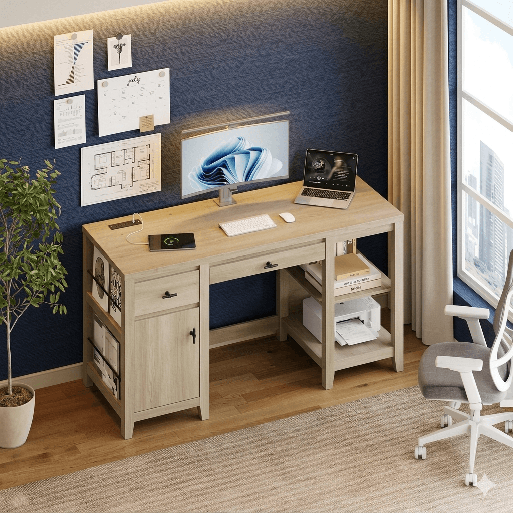 Organized Home Office Desk with Built-in Power Outlet: 58-Inch Wood Writing Table featuring Foldable Tray, Cabinet & File Storage