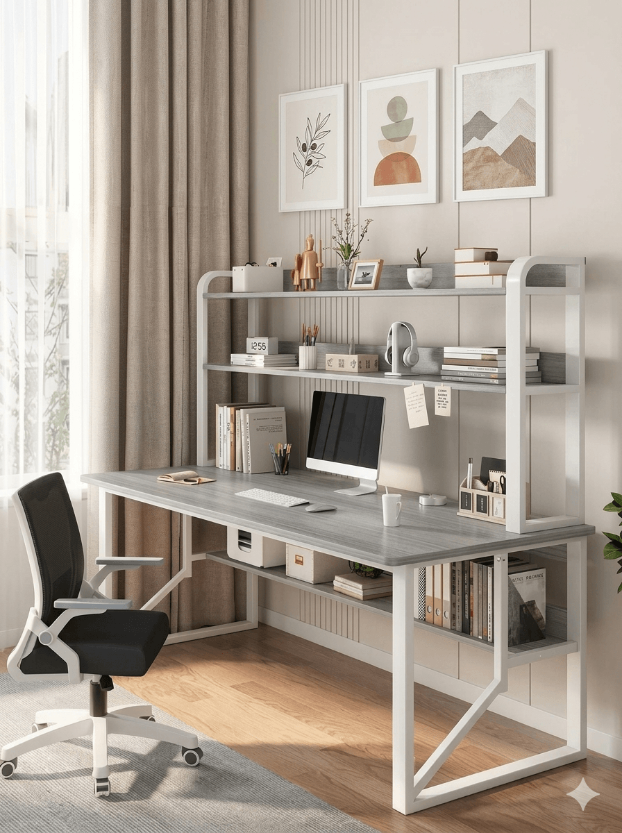 Modern Minimalist Integrated Desk & Bookshelf | Sleek Multi-Tier Home Office Workstation