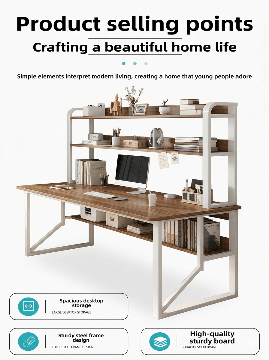 Modern Minimalist Integrated Desk & Bookshelf | Sleek Multi-Tier Home Office Workstation
