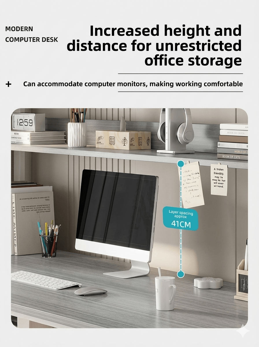Modern Minimalist Integrated Desk & Bookshelf | Sleek Multi-Tier Home Office Workstation