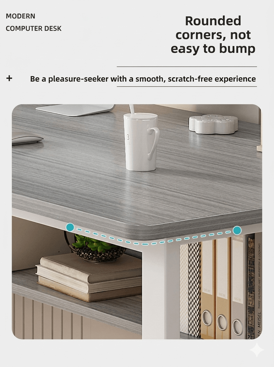 Modern Minimalist Integrated Desk & Bookshelf | Sleek Multi-Tier Home Office Workstation
