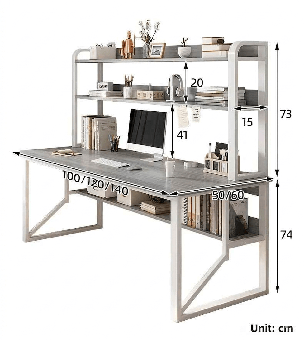 Modern Minimalist Integrated Desk & Bookshelf | Sleek Multi-Tier Home Office Workstation