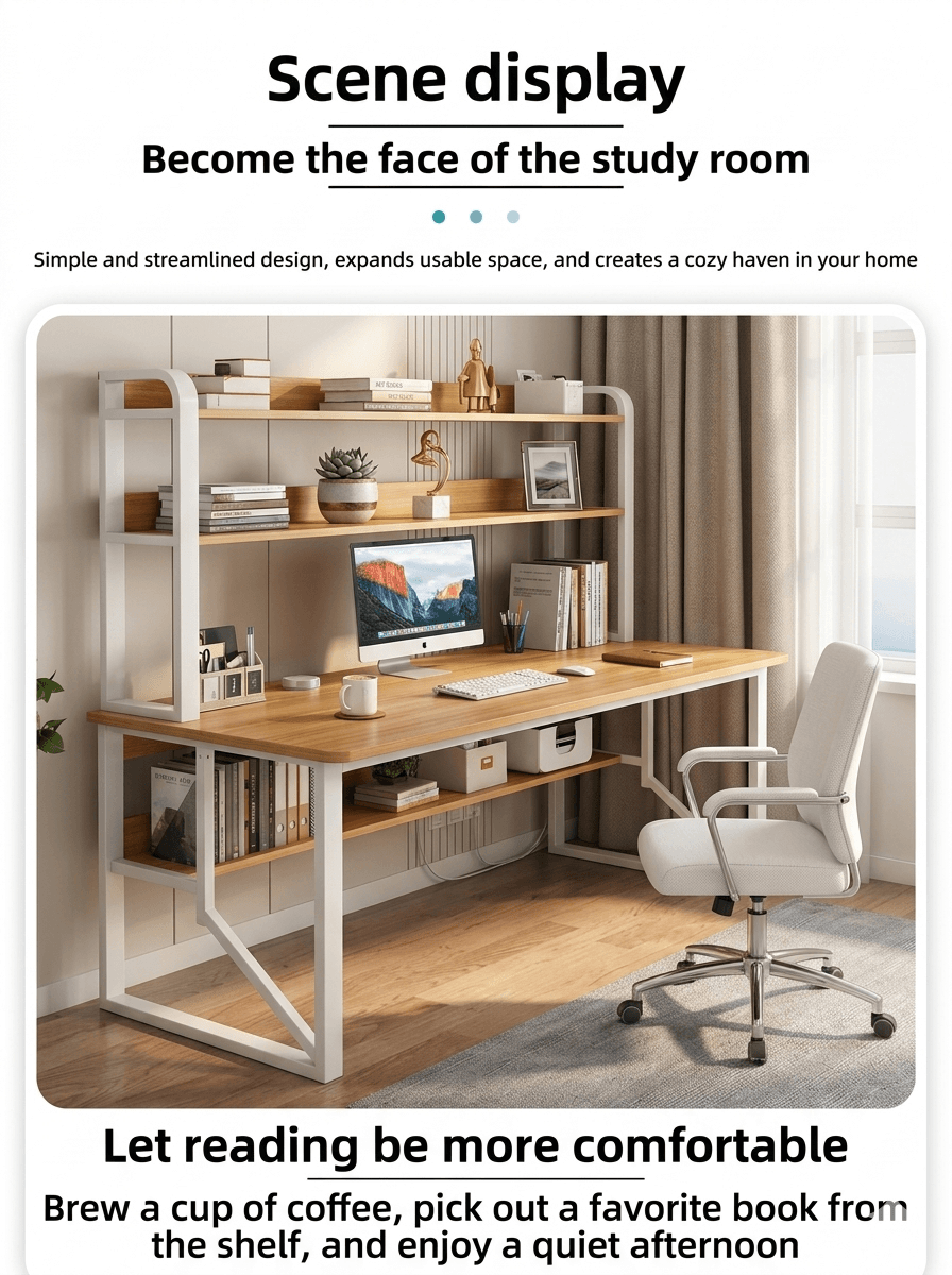Modern Minimalist Integrated Desk & Bookshelf | Sleek Multi-Tier Home Office Workstation