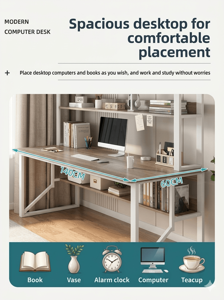 Modern Minimalist Integrated Desk & Bookshelf | Sleek Multi-Tier Home Office Workstation