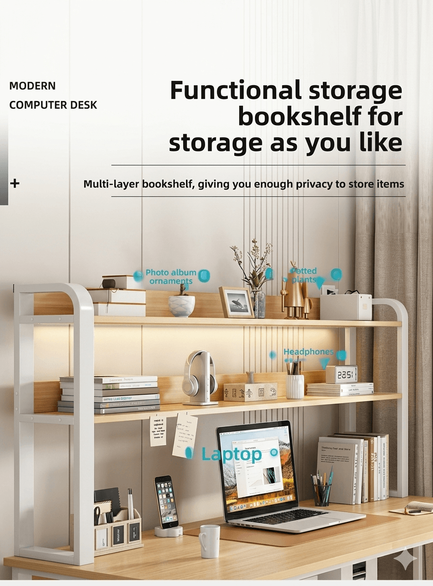 Modern Minimalist Integrated Desk & Bookshelf | Sleek Multi-Tier Home Office Workstation