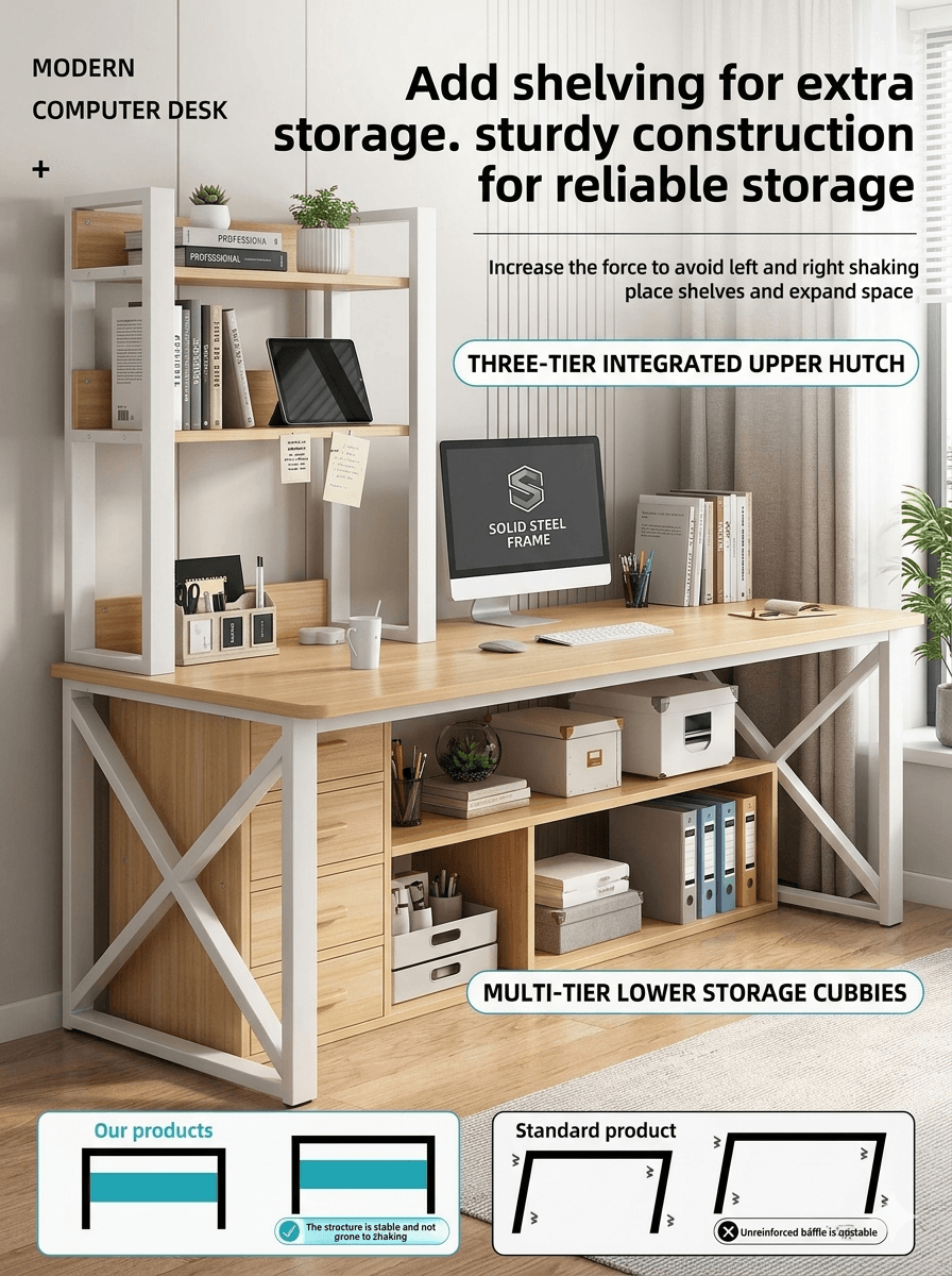 Modern Minimalist Integrated Desk & Bookshelf | Sleek Multi-Tier Home Office Workstation