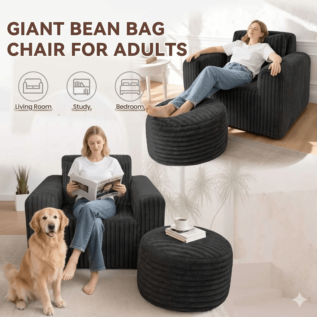 Giant Bean Bag Chair for Adults with Ottoman Set, Non-Slip Lazy Sofa with High Back Support & Wider Armrests, Premium Floor Chair for Living Room