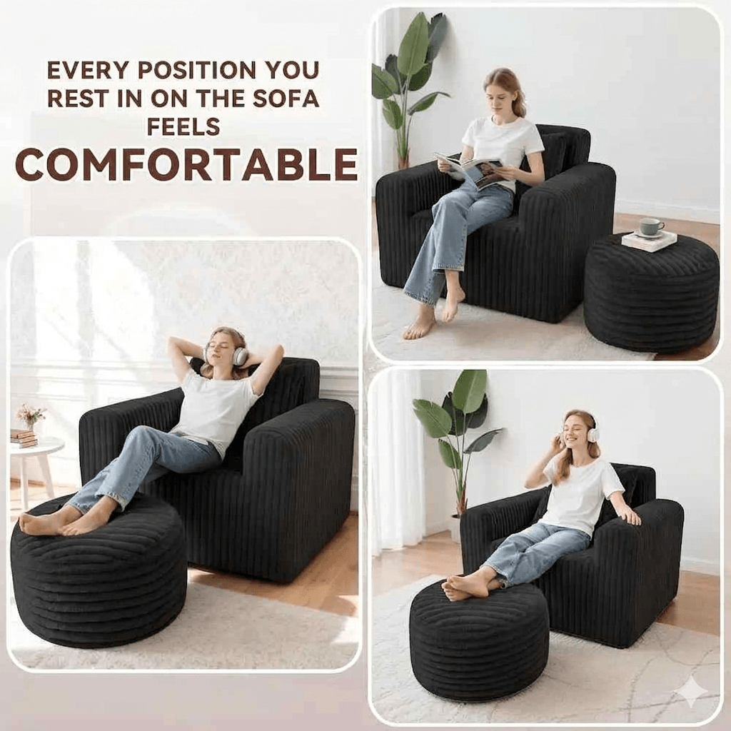 Giant Bean Bag Chair for Adults with Ottoman Set, Non-Slip Lazy Sofa with High Back Support & Wider Armrests, Premium Floor Chair for Living Room