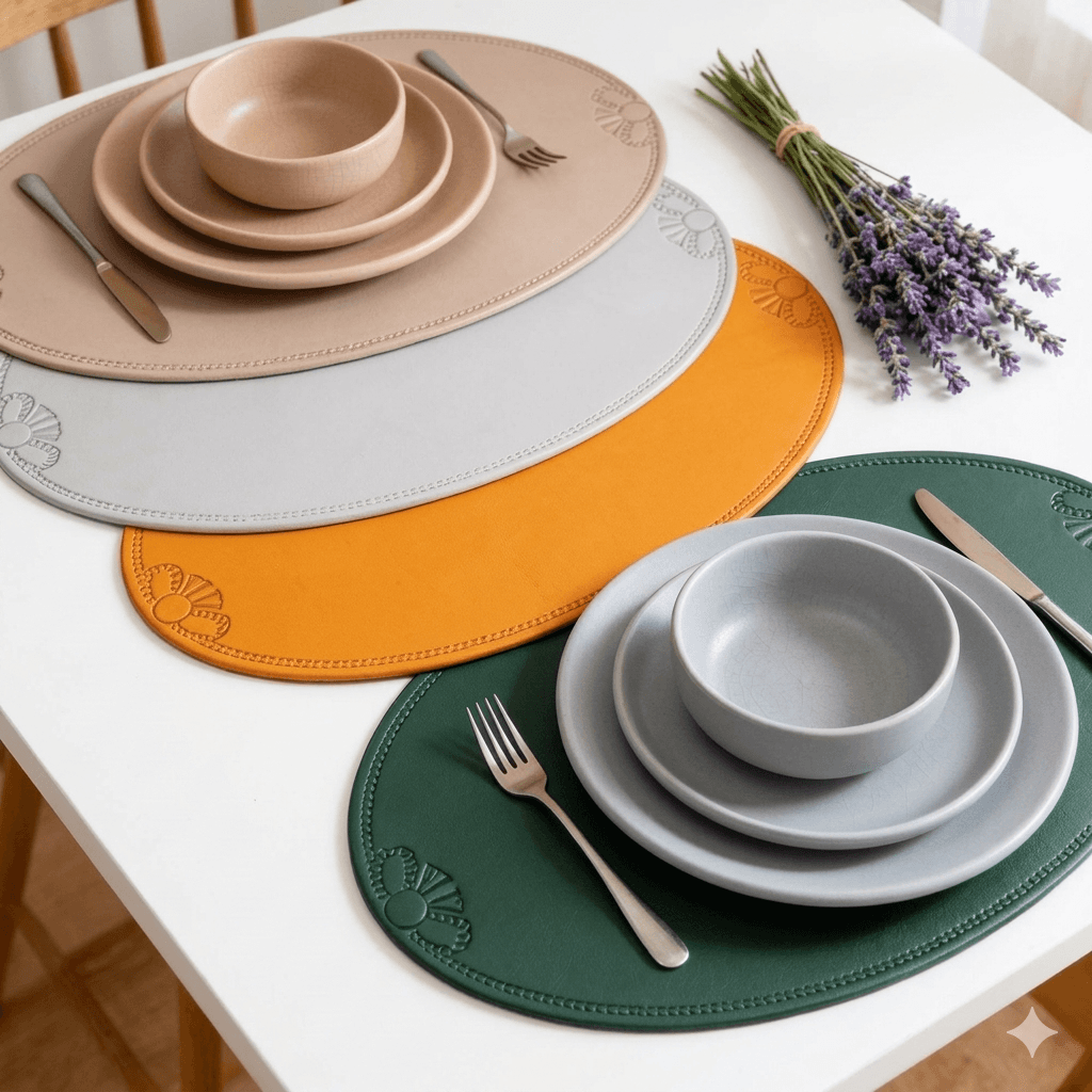 Luxury Green Faux Leather Table Mats - Elegant Oval Embossed Placemats for Dining Room & Cafe, Durable Water-Resistant Tableware Gift Set