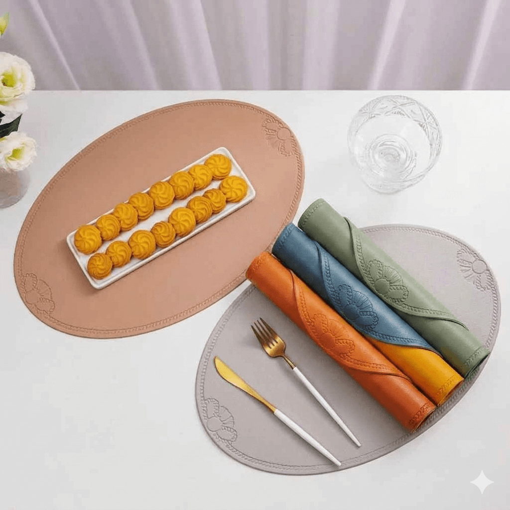 Luxury Green Faux Leather Table Mats - Elegant Oval Embossed Placemats for Dining Room & Cafe, Durable Water-Resistant Tableware Gift Set