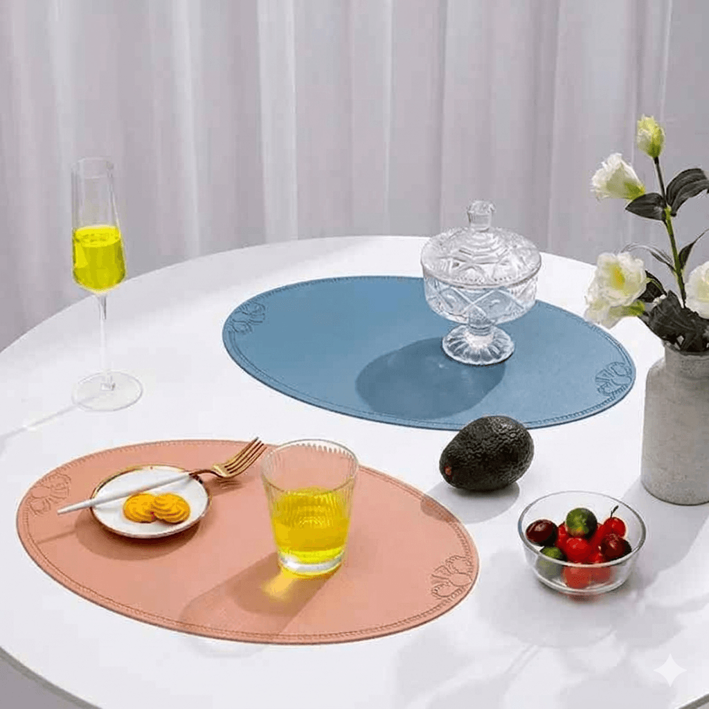 Luxury Green Faux Leather Table Mats - Elegant Oval Embossed Placemats for Dining Room & Cafe, Durable Water-Resistant Tableware Gift Set