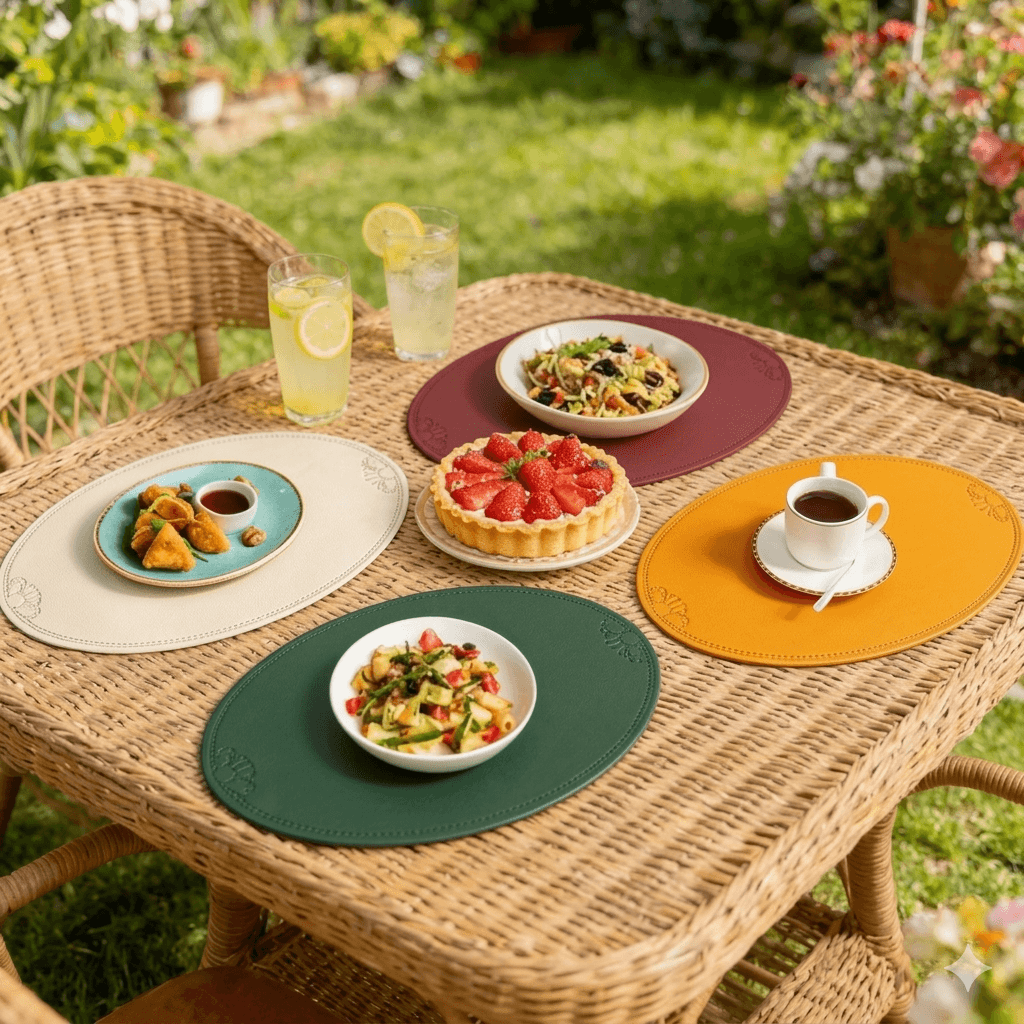 Luxury Green Faux Leather Table Mats - Elegant Oval Embossed Placemats for Dining Room & Cafe, Durable Water-Resistant Tableware Gift Set