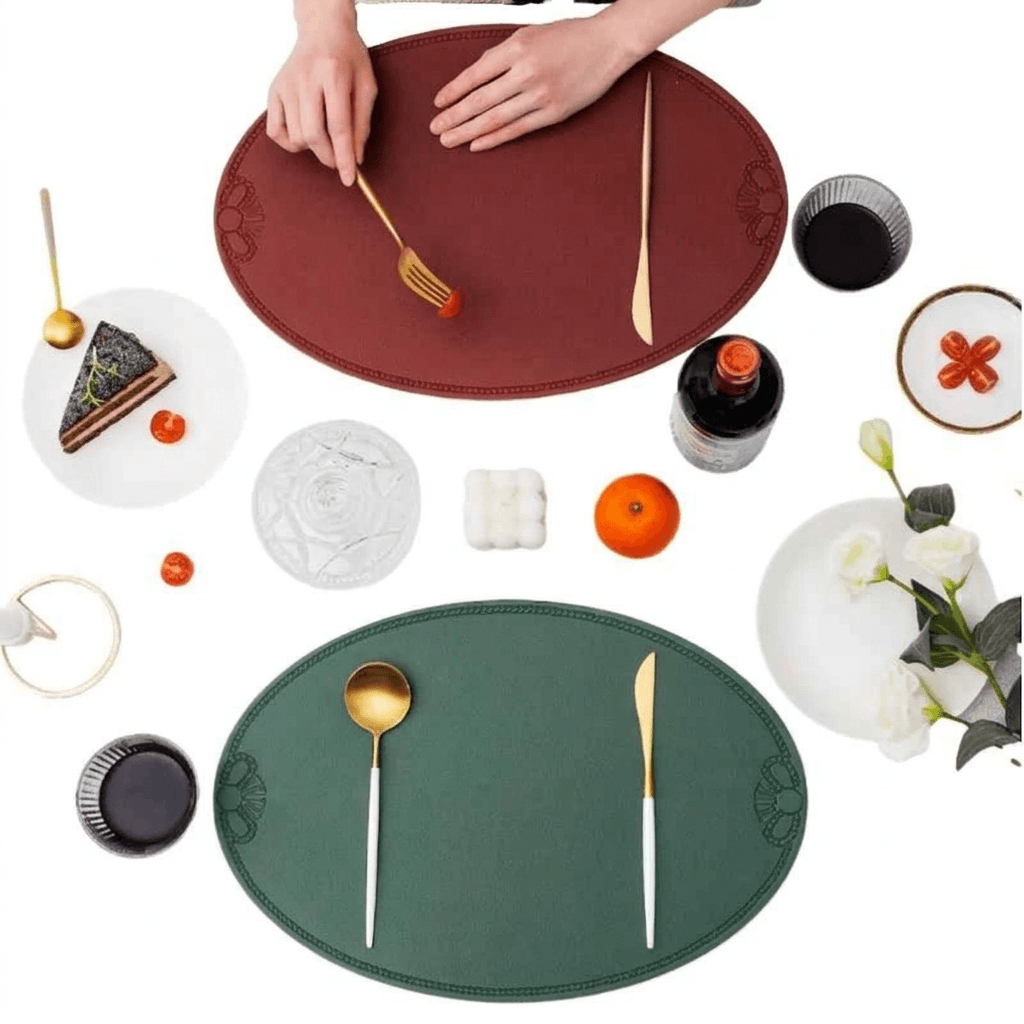 Luxury Green Faux Leather Table Mats - Elegant Oval Embossed Placemats for Dining Room & Cafe, Durable Water-Resistant Tableware Gift Set