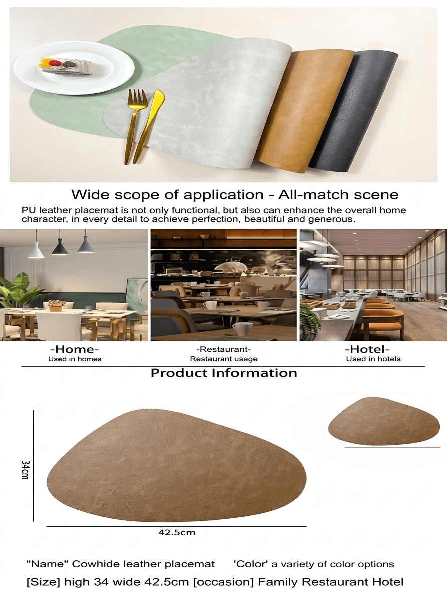 Droplet-Shaped Faux Leather Placemat, Double-Sided Boston PU Table Mat, Heat Resistant & Anti-Slip Minimalist Dining Decor