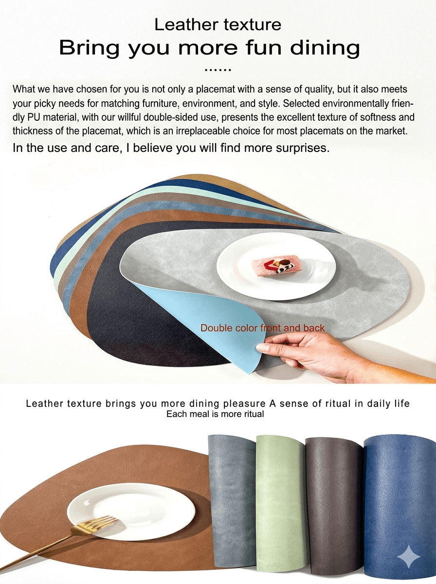 Droplet-Shaped Faux Leather Placemat, Double-Sided Boston PU Table Mat, Heat Resistant & Anti-Slip Minimalist Dining Decor