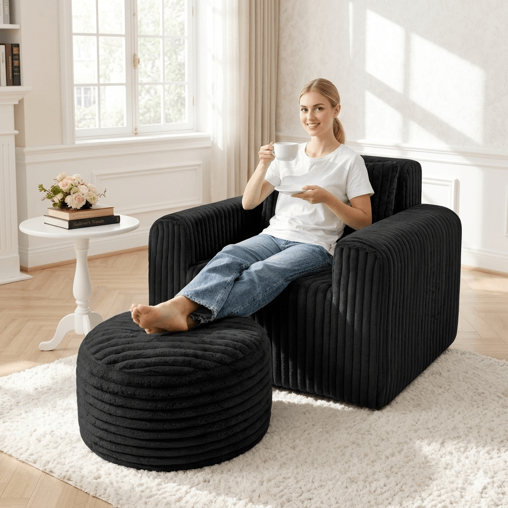 Giant Bean Bag Chair for Adults with Ottoman Set, Non-Slip Lazy Sofa with High Back Support & Wider Armrests, Premium Floor Chair for Living Room