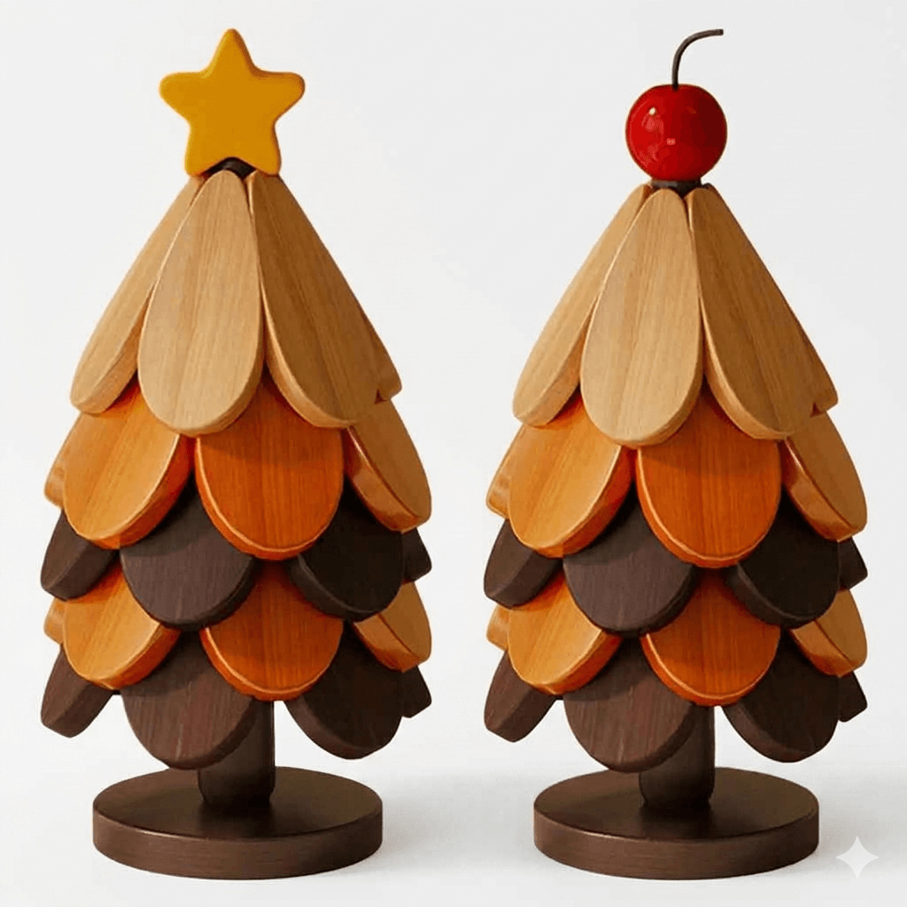 5-Piece Wooden Christmas Tree Coaster Set - Foldable Heat Resistant Trivet with Decorative Stand - Minimalist Modern Table Decor