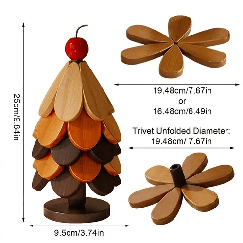 5-Piece Wooden Christmas Tree Coaster Set - Foldable Heat Resistant Trivet with Decorative Stand - Minimalist Modern Table Decor