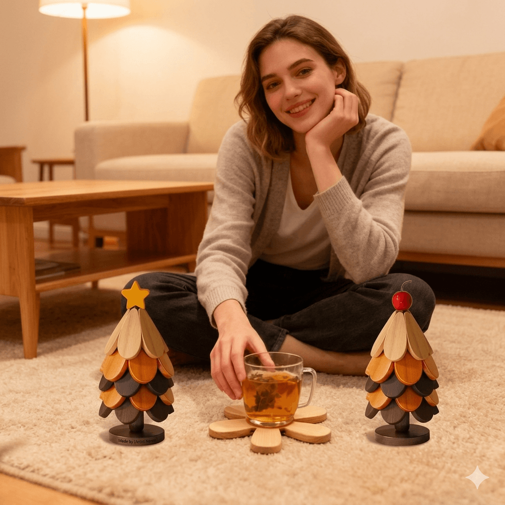 5-Piece Wooden Christmas Tree Coaster Set - Foldable Heat Resistant Trivet with Decorative Stand - Minimalist Modern Table Decor