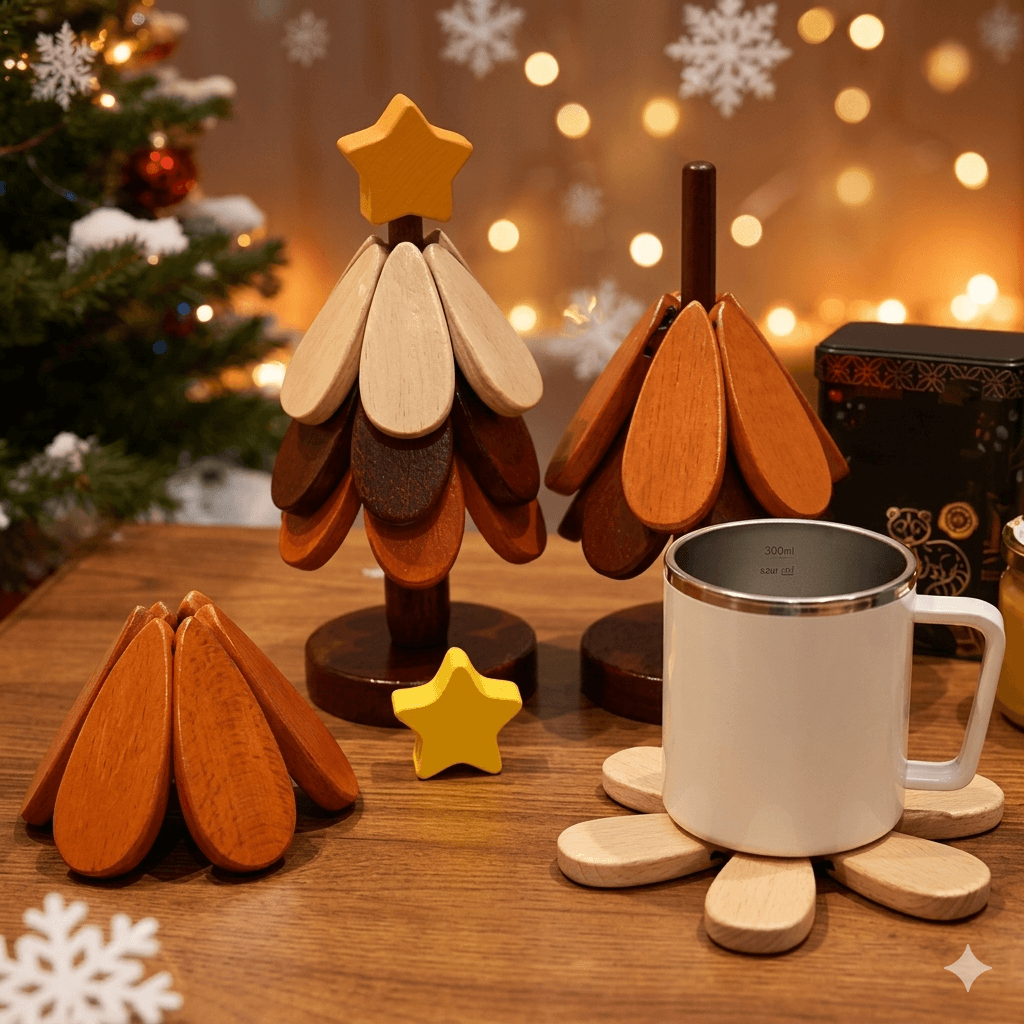 5-Piece Wooden Christmas Tree Coaster Set - Foldable Heat Resistant Trivet with Decorative Stand - Minimalist Modern Table Decor