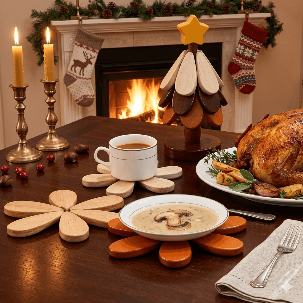 5-Piece Wooden Christmas Tree Coaster Set - Foldable Heat Resistant Trivet with Decorative Stand - Minimalist Modern Table Decor