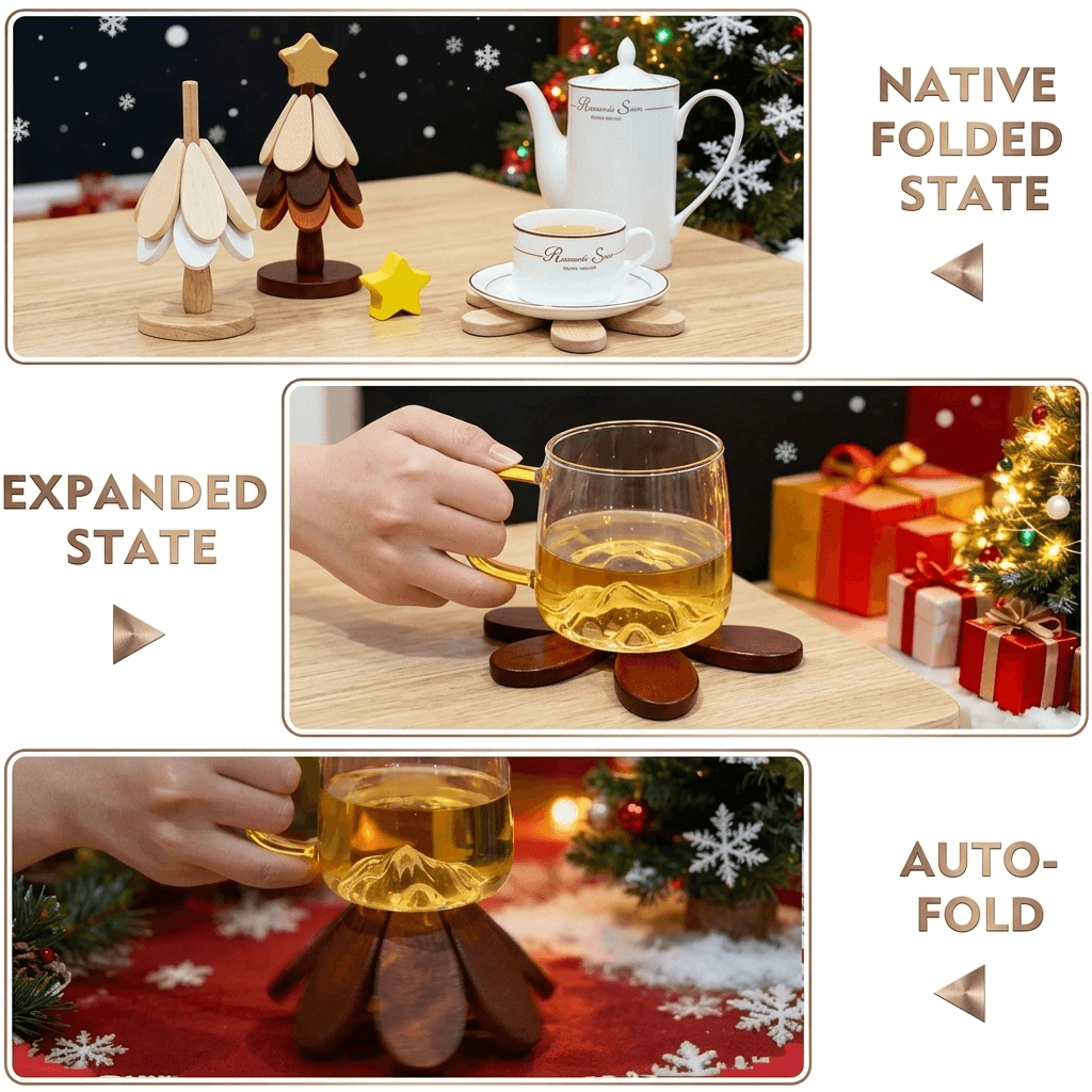 5-Piece Wooden Christmas Tree Coaster Set - Foldable Heat Resistant Trivet with Decorative Stand - Minimalist Modern Table Decor