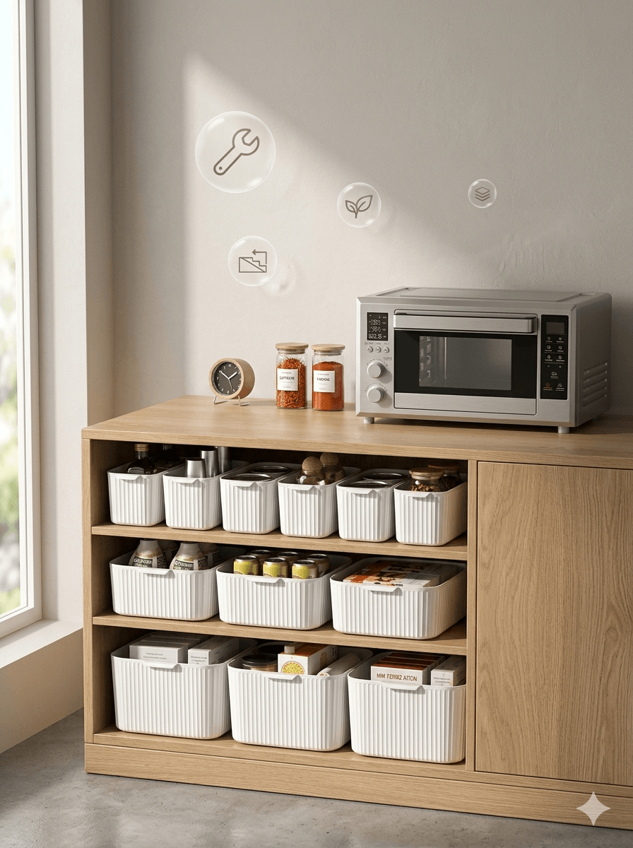 Multifunctional Clear Storage Bin with Built-in Handles - Stackable Organizer for Kitchen Cabinet, Pantry, & Bathroom Vanity