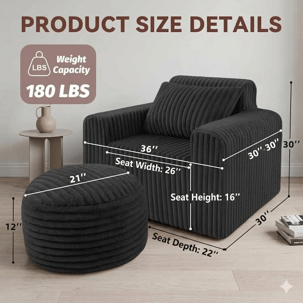 Giant Bean Bag Chair for Adults with Ottoman Set, Non-Slip Lazy Sofa with High Back Support & Wider Armrests, Premium Floor Chair for Living Room