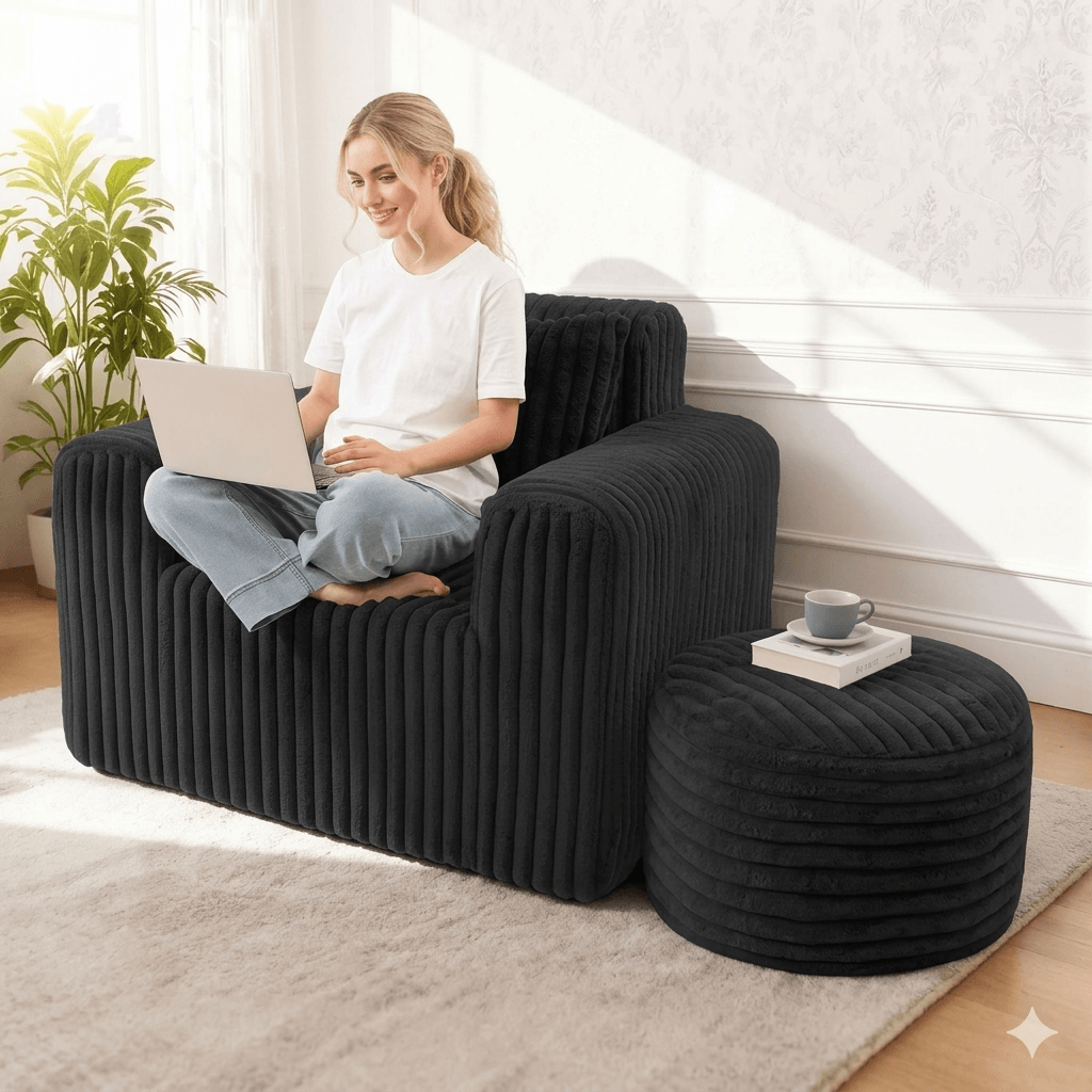 Giant Bean Bag Chair for Adults with Ottoman Set, Non-Slip Lazy Sofa with High Back Support & Wider Armrests, Premium Floor Chair for Living Room