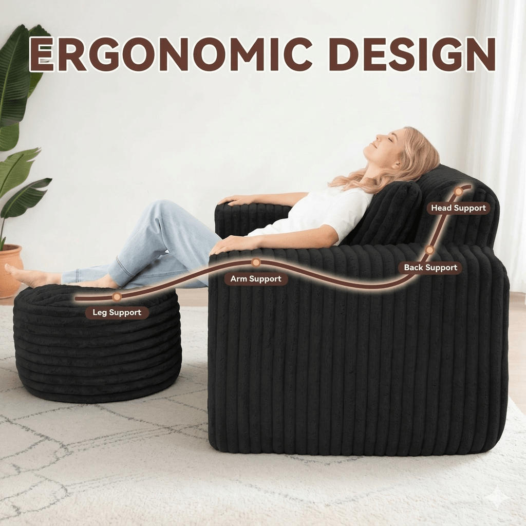 Giant Bean Bag Chair for Adults with Ottoman Set, Non-Slip Lazy Sofa with High Back Support & Wider Armrests, Premium Floor Chair for Living Room