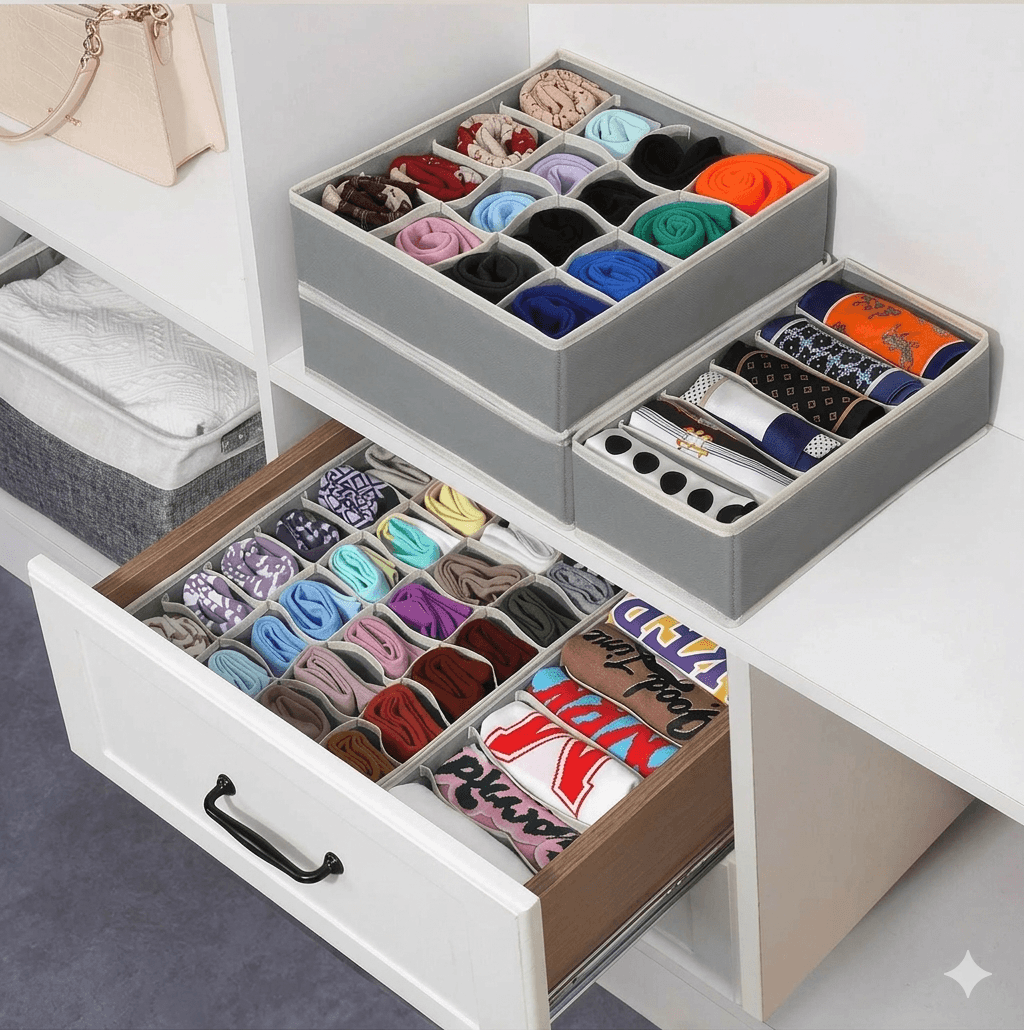 Foldable Drawer Organizers for Underwear & Socks | Bra Storage Box with Compartments | Necktie & Scarf Divider Case for Closet | Washable Fabric Storage Bin