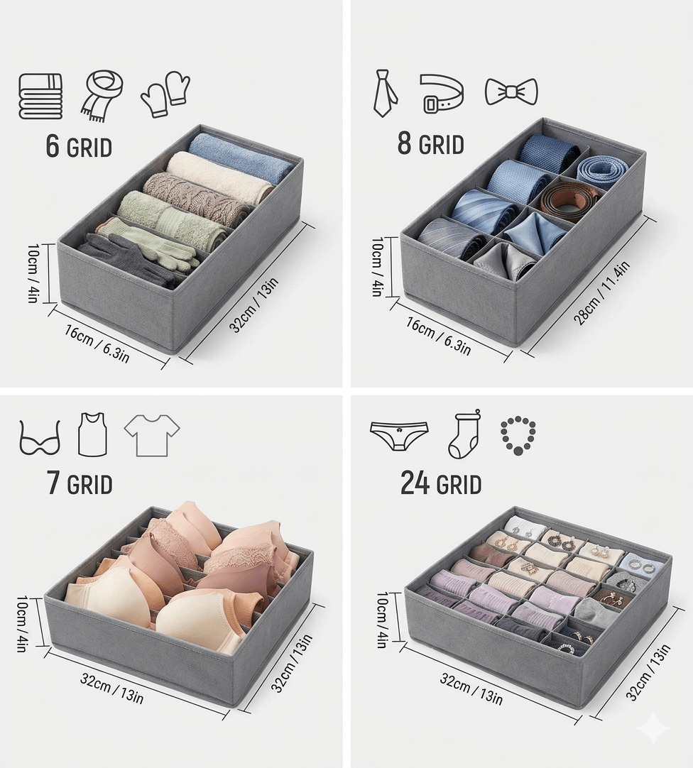 Foldable Drawer Organizers for Underwear & Socks | Bra Storage Box with Compartments | Necktie & Scarf Divider Case for Closet | Washable Fabric Storage Bin