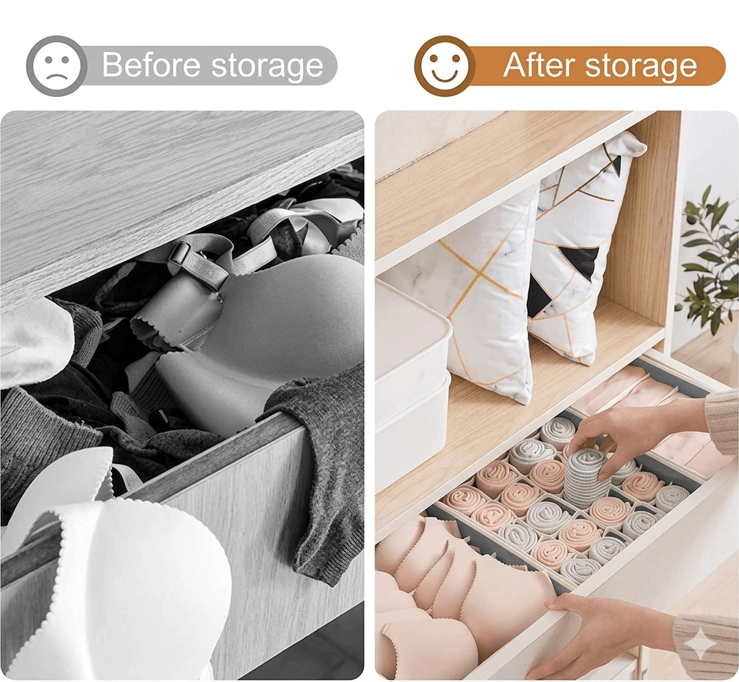 Foldable Drawer Organizers for Underwear & Socks | Bra Storage Box with Compartments | Necktie & Scarf Divider Case for Closet | Washable Fabric Storage Bin