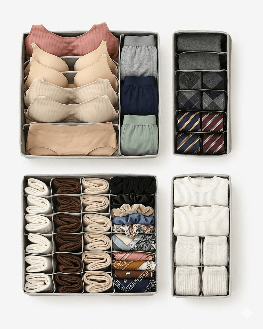 Foldable Drawer Organizers for Underwear & Socks | Bra Storage Box with Compartments | Necktie & Scarf Divider Case for Closet | Washable Fabric Storage Bin