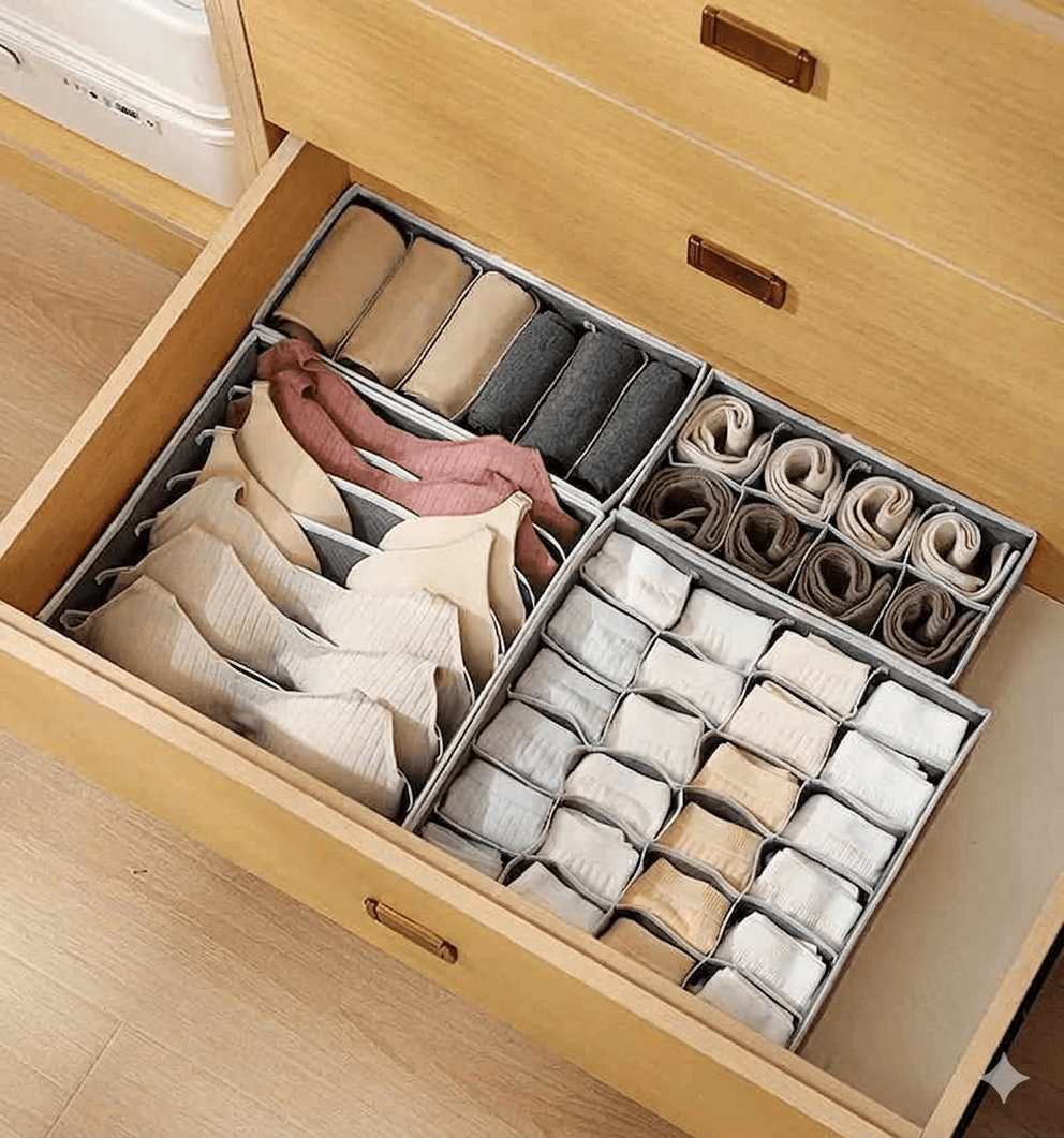 Foldable Drawer Organizers for Underwear & Socks | Bra Storage Box with Compartments | Necktie & Scarf Divider Case for Closet | Washable Fabric Storage Bin