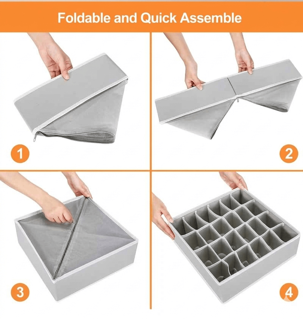 Foldable Drawer Organizers for Underwear & Socks | Bra Storage Box with Compartments | Necktie & Scarf Divider Case for Closet | Washable Fabric Storage Bin