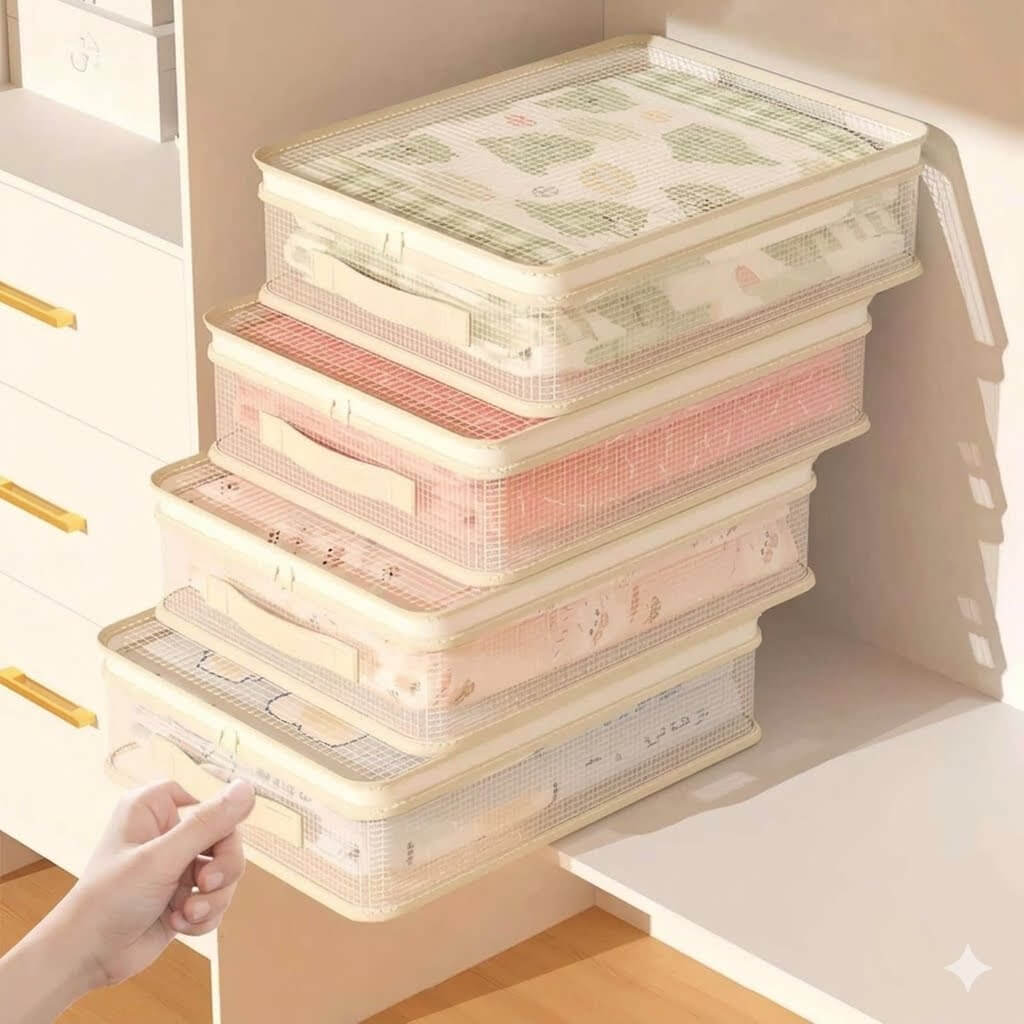 Sheet Storage Organizer with Sturdy Handles | Stackable Bedding Container for Duvet Covers, Blankets & Pillowcases | Space-Saving Closet Organizers for Home & Dorm