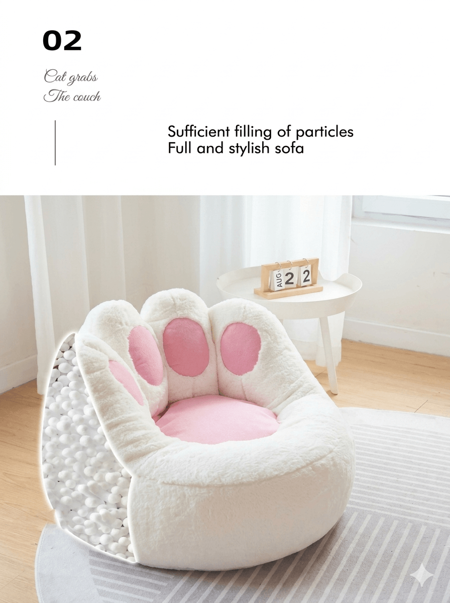 Plush Cat Paw Bean Bag Chair Cover - Giant Animal Shaped Floor Sofa Case, Soft Tatami Lounger for Living Room, Balcony & Small Spaces