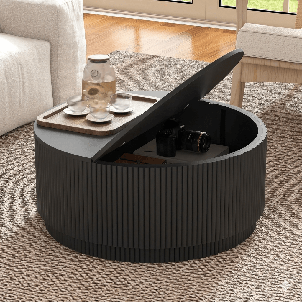 Round Wooden Coffee Table with Storage, Modern Accent Circle Table with Fluted Pedestal Base, Natural Wood Center Table for Small Spaces